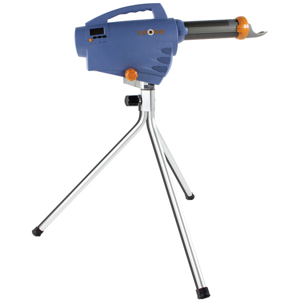 Zooka ZS740 cordless portable pitching machine on tall tripod
